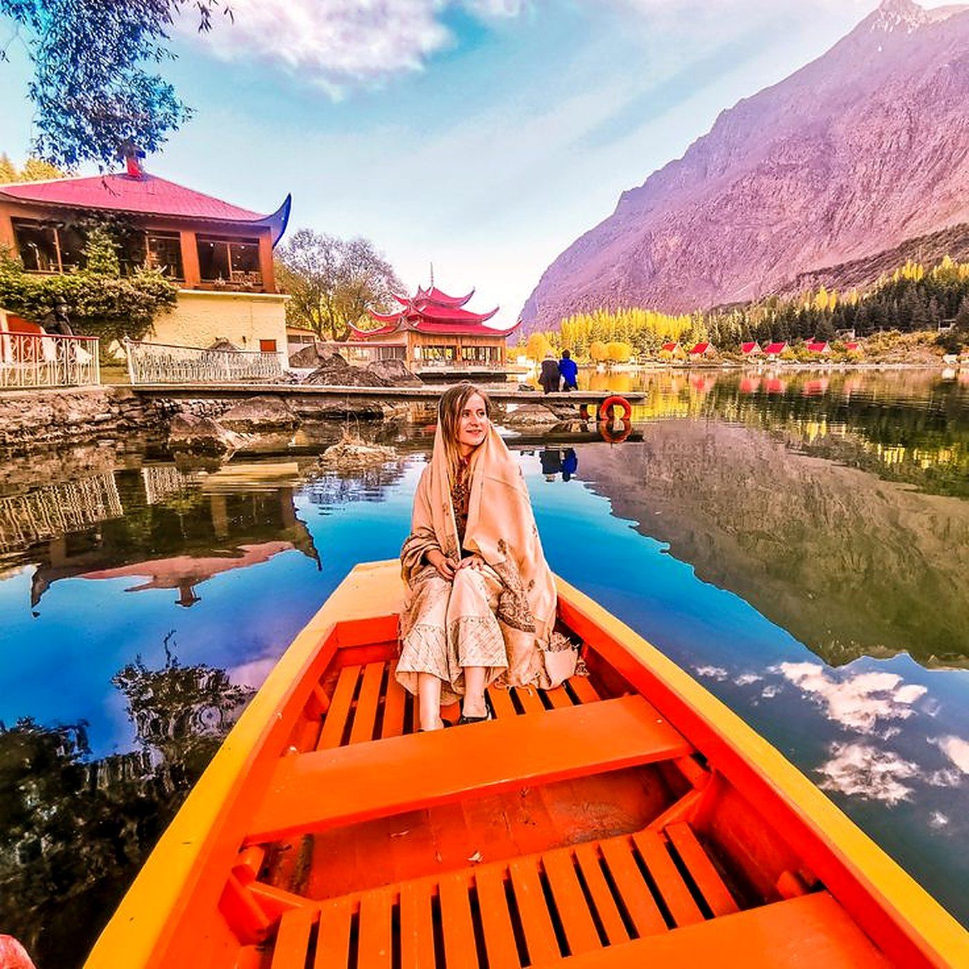 Tourist enjoying a boat ride at Lower Kachura Lake, Skardu